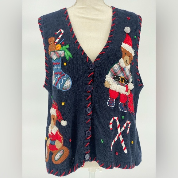 Festive Navy Holiday Sweater Vest with Bear and Candy Cane Design Size L - Picture 1 of 11